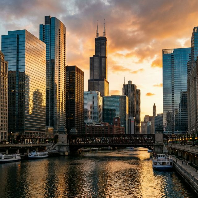 Chicago skyline at dusk from the Chicago River with Willis Tower and modern skyscrapers, representing the industrial strength and digital transformation of Midwest B2B companies.