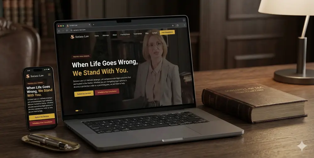 Soriano Law LLC website homepage showing a fast, modern law firm design