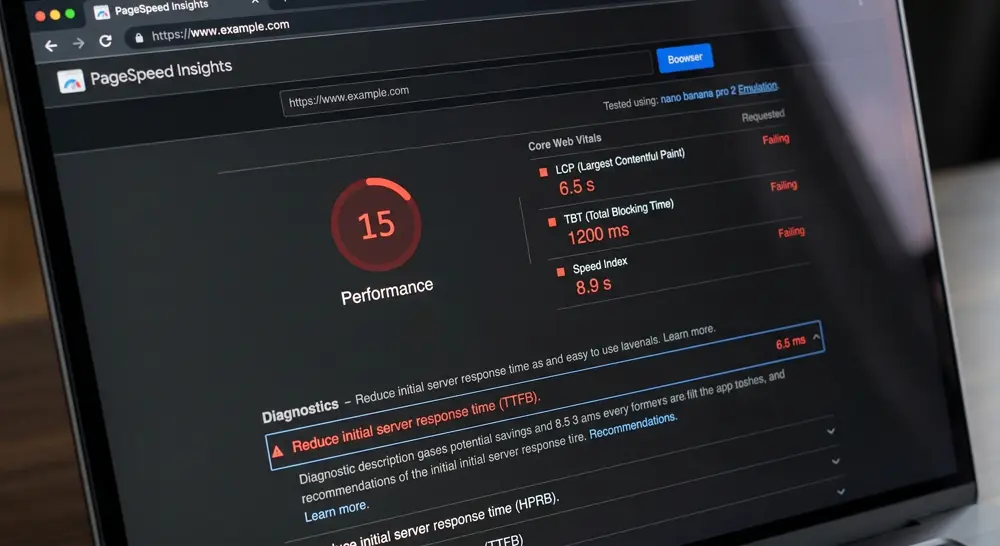 Google PageSpeed Insights dashboard showing a dismal 15/100 performance score with TTFB warning highlighted in red